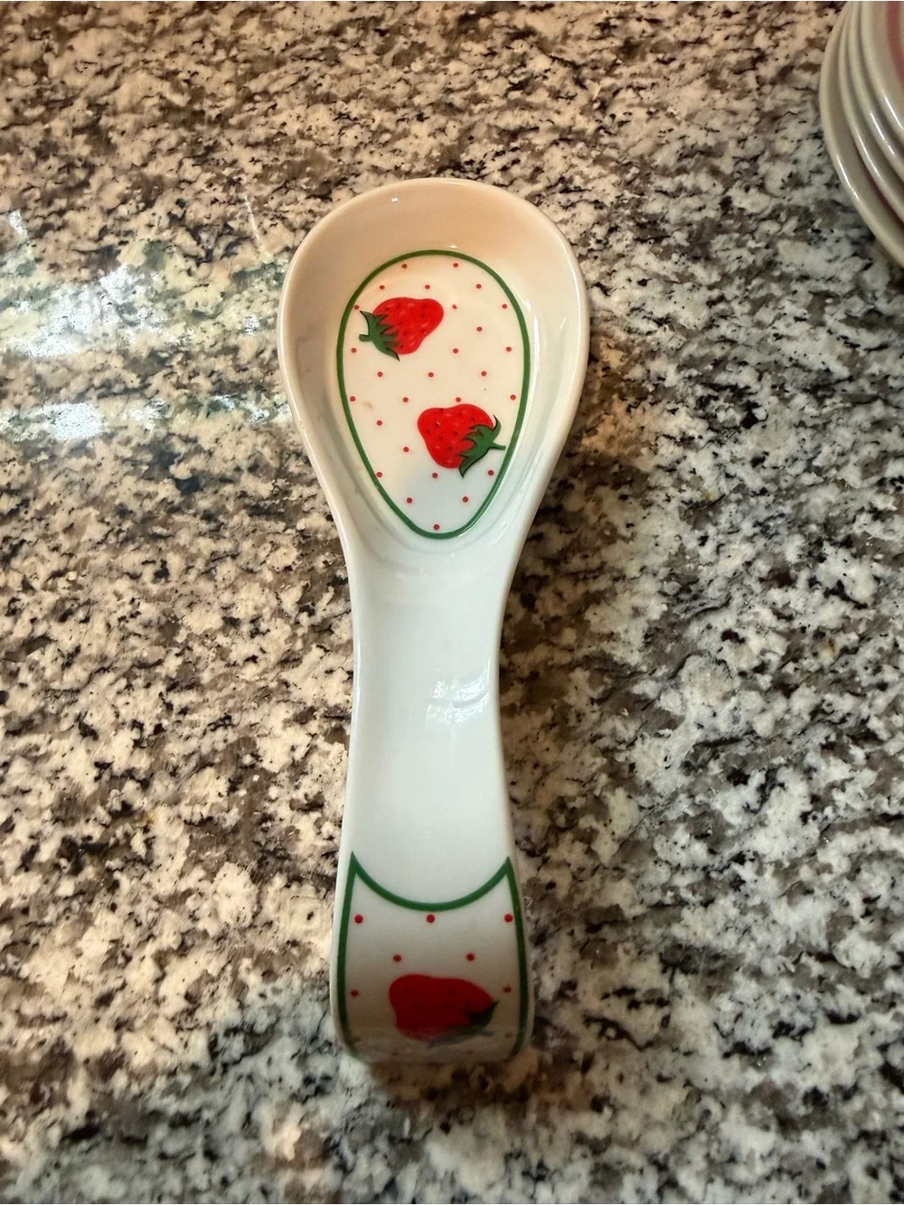 White Ceramic Spoon Rest with Red Strawberry Accent